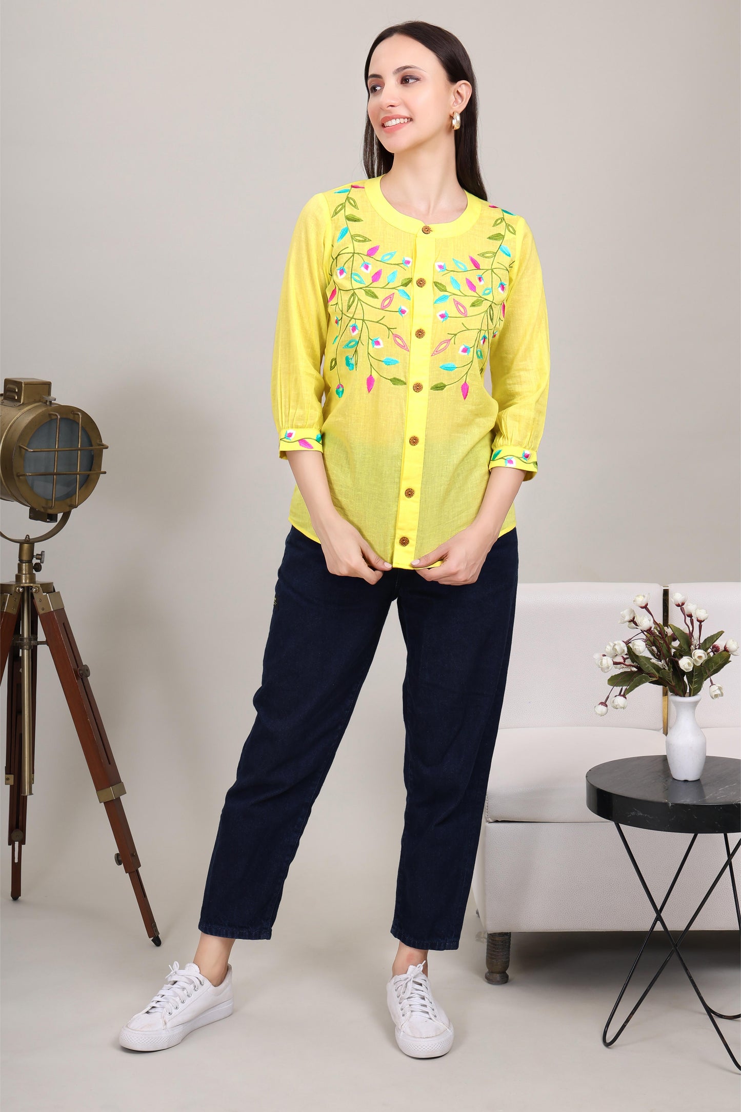 Vibrant Yellow Top With Floral Embroidery