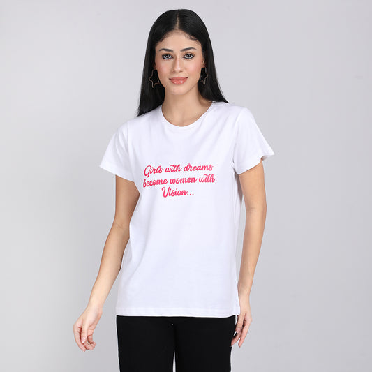 Printed Round Neck White T-Shirt
