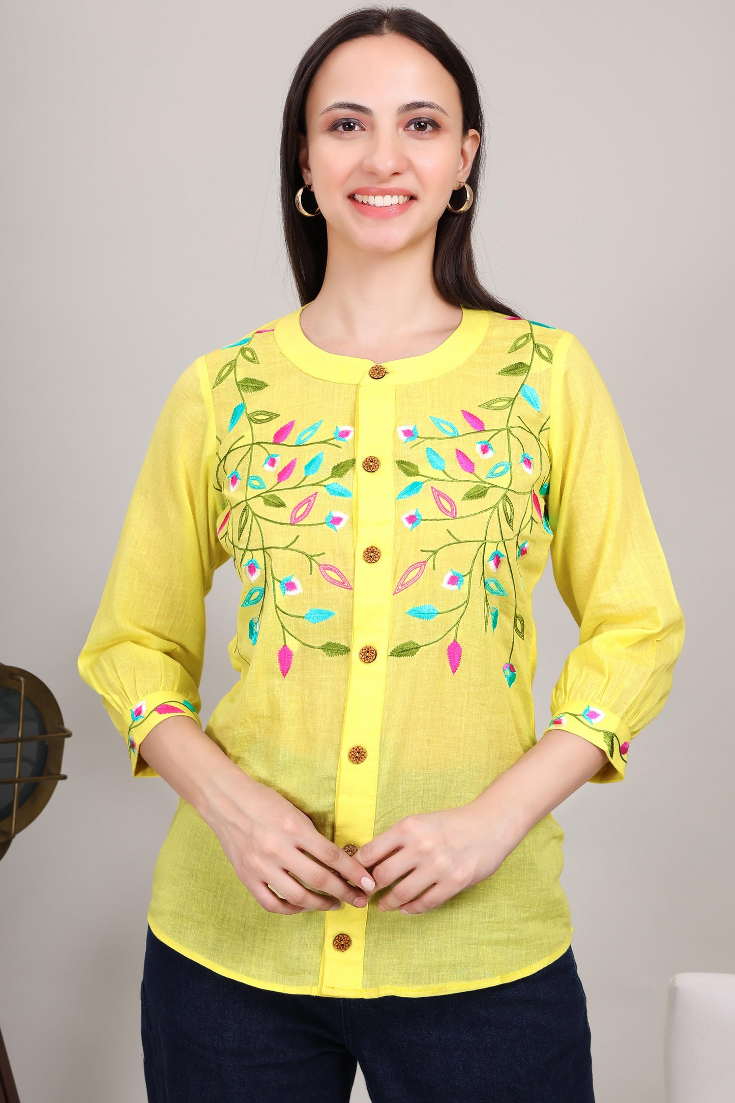 Vibrant Yellow Top With Floral Embroidery