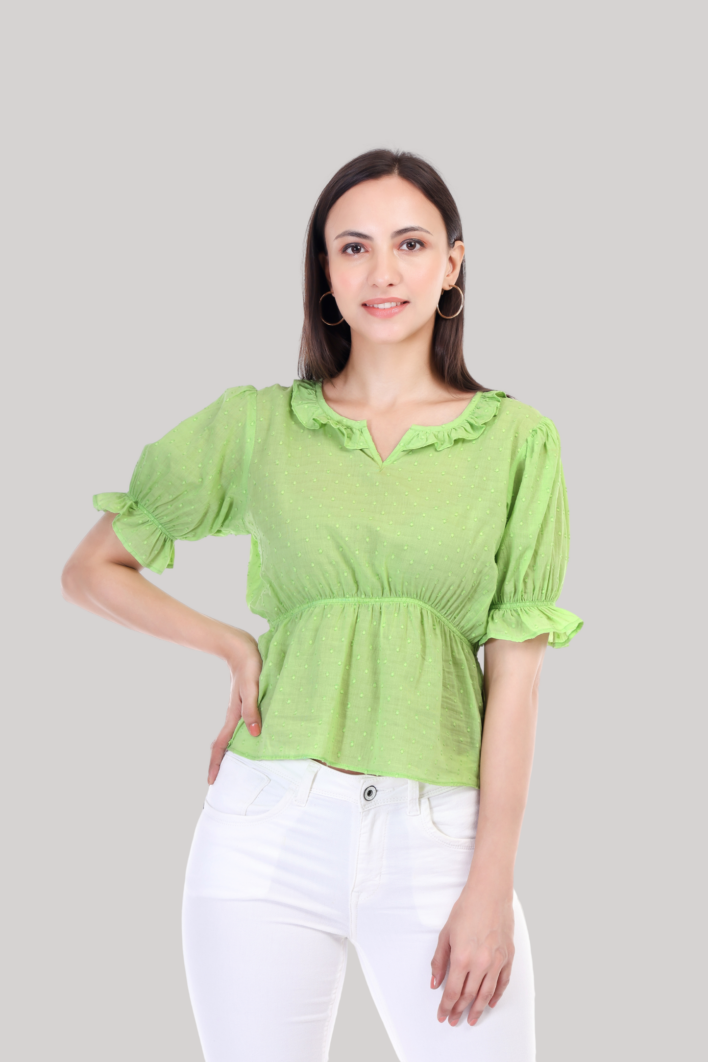 Green Puff Sleeves Regular Top