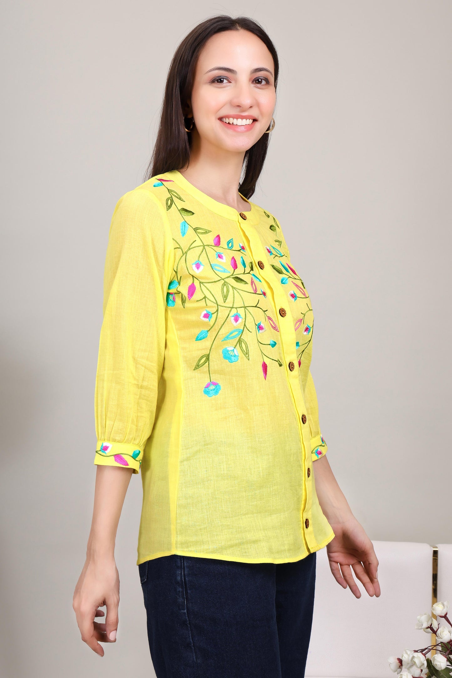 Vibrant Yellow Top With Floral Embroidery