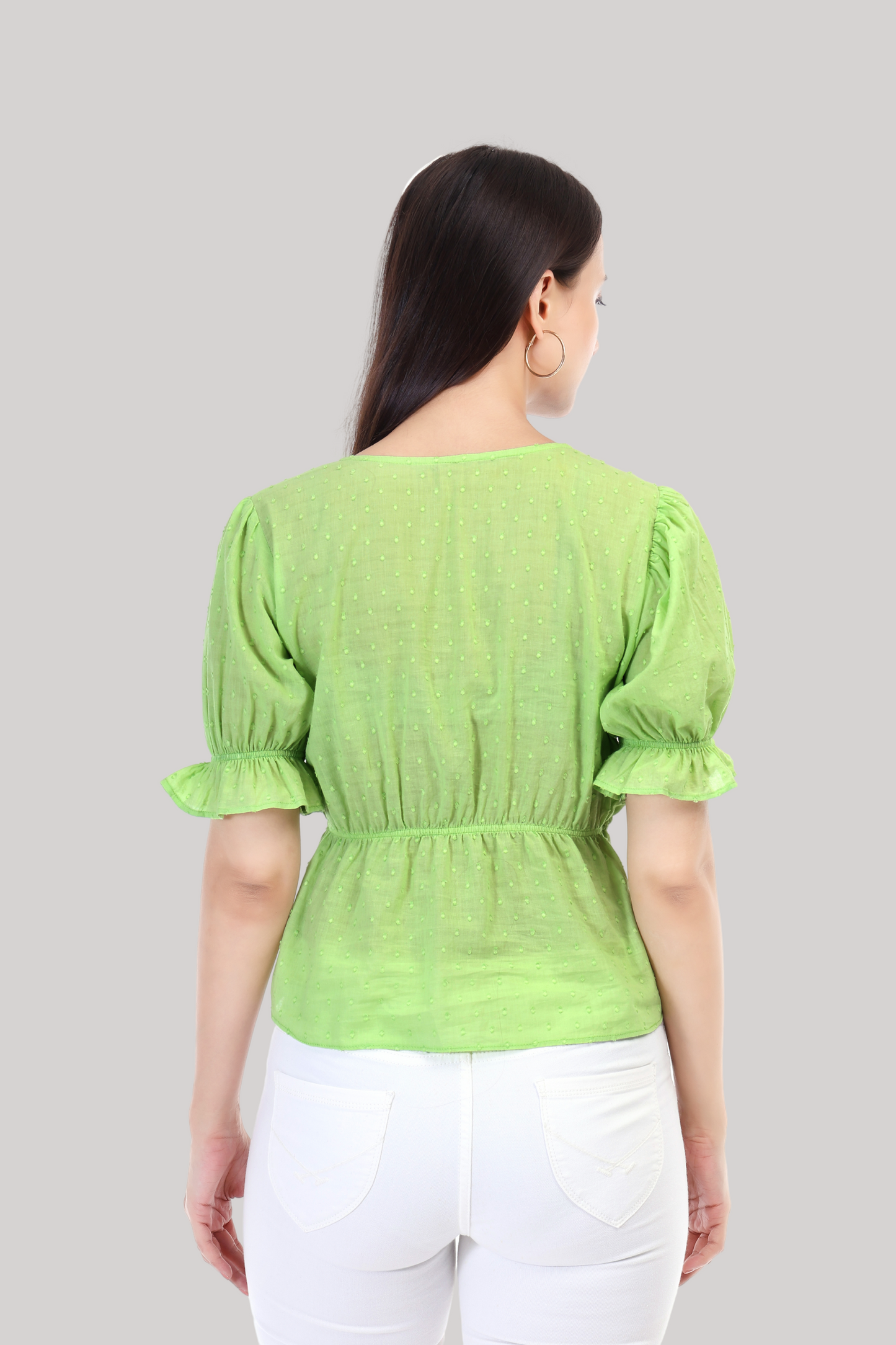 Green Puff Sleeves Regular Top