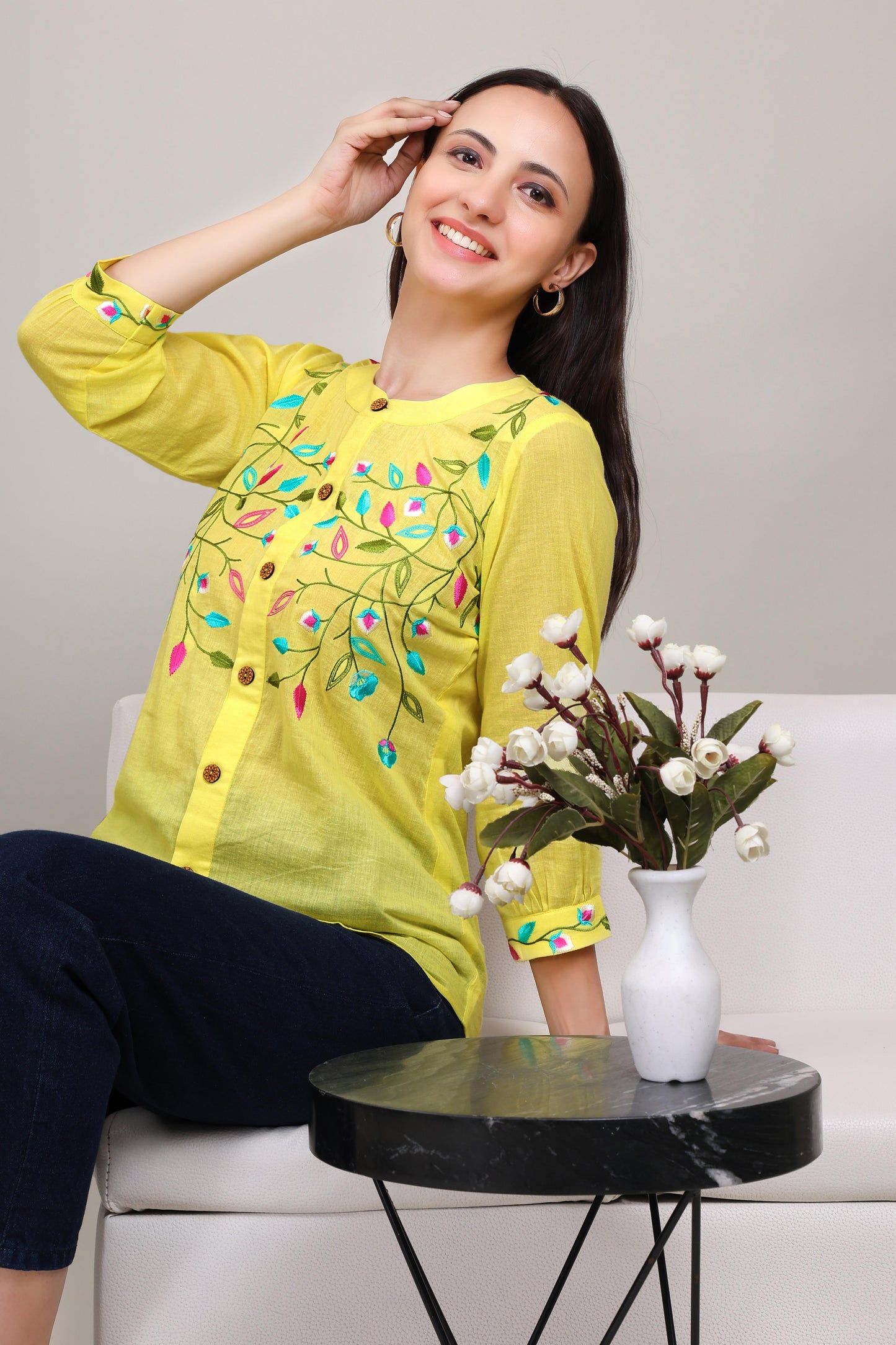 Vibrant Yellow Top With Floral Embroidery