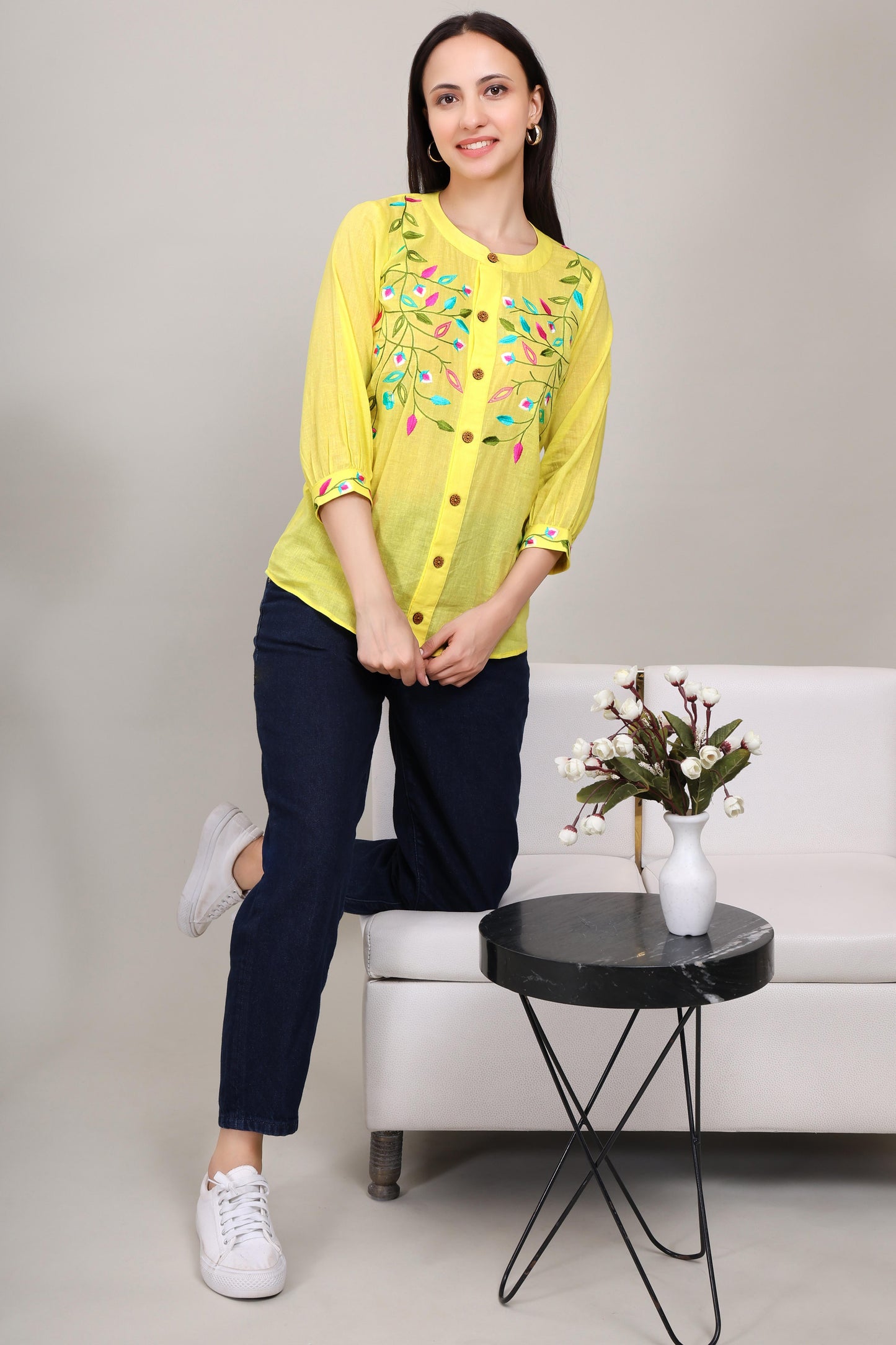 Vibrant Yellow Top With Floral Embroidery