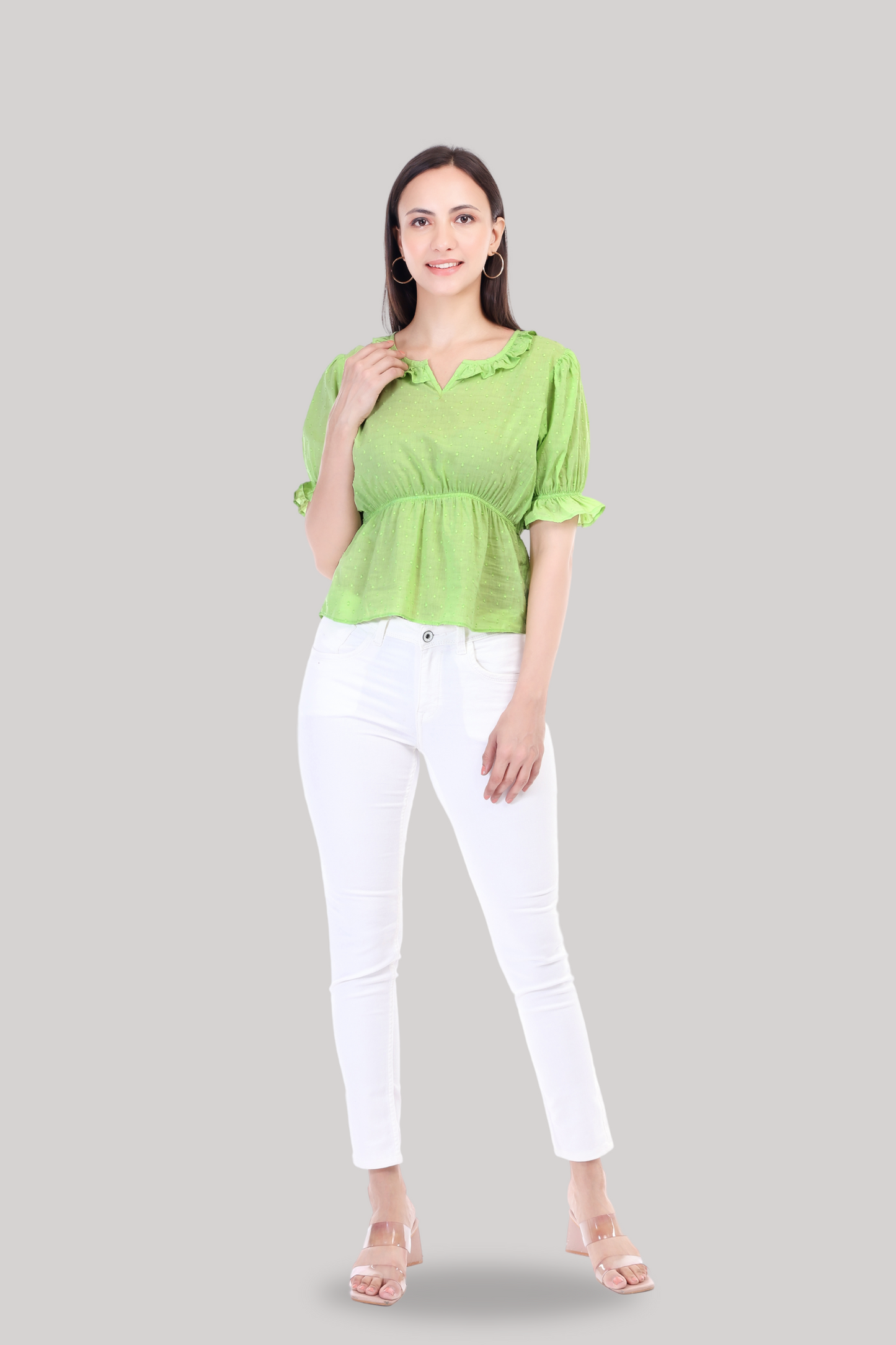 Green Puff Sleeves Regular Top