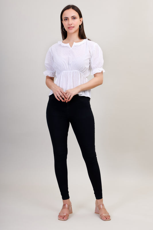 White Puff Sleeves Regular Top