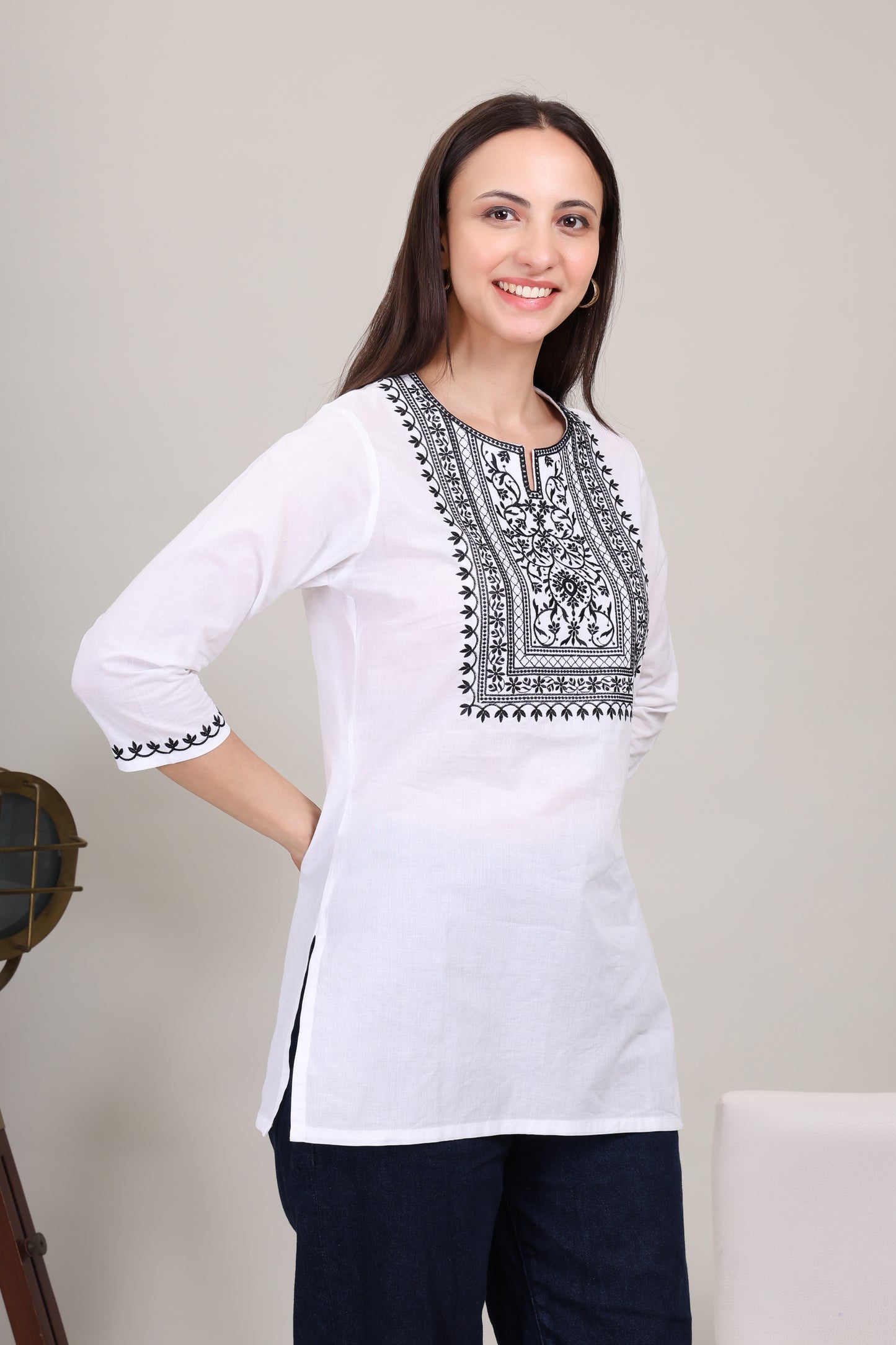 Snow White Black Thread Embroidered Top